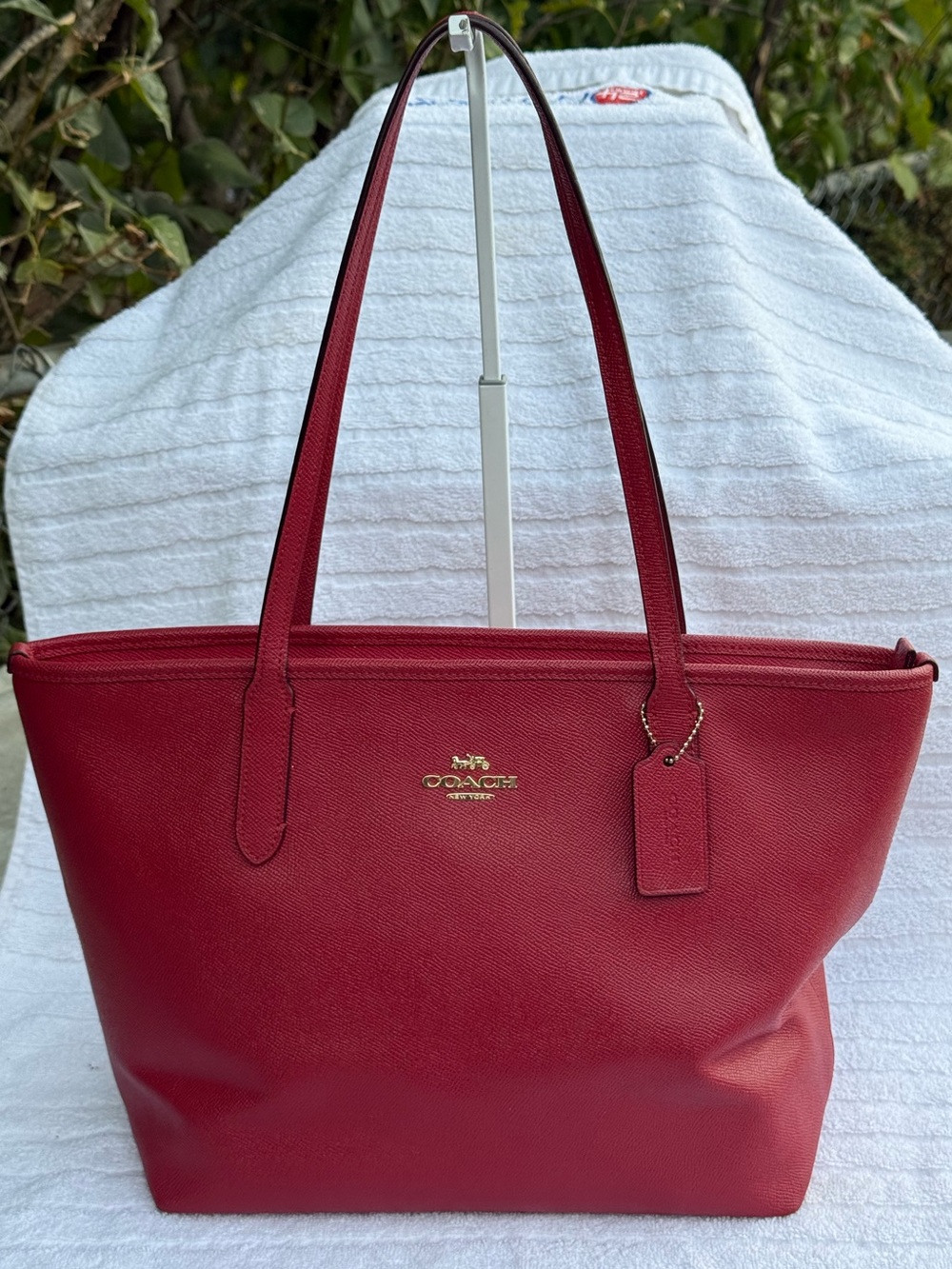 Coach Red Saffiano Leather Tote with Gold Logo
